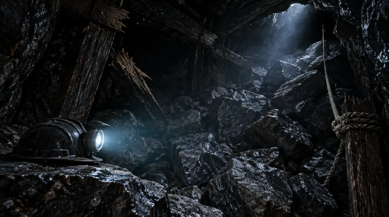 Lorong runtuh di Level 11: timber patah, lereng batu granit, tali penyelamat menuju celah, topi berlampu menyala di atas batu